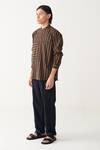 Three_Charcoal Handloom Cotton, Poplin Linear Stripe Shirt And Front Pleat Pant _Online_at_Aza_Fashions