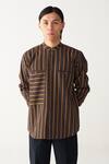 Buy_Three_Charcoal Handloom Cotton, Poplin Linear Stripe Shirt And Front Pleat Pant _Online_at_Aza_Fashions
