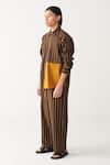 Three_Charcoal , Handloom Brown And Mustard Stripe Shirt Pant Set _at_Aza_Fashions