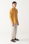 Three_Mustard Handloom Cotton Yellow Stripe Shirt And Pant Set _Online_at_Aza_Fashions