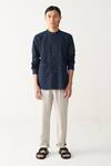 Buy_Three_Navy , Handloom Blue Front Pocket Shirt And Beige Pant _at_Aza_Fashions