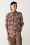 Three_Brown Silk, Crepe, Poplin Piping All Over Brick Print Shirt Co-ord _Online_at_Aza_Fashions