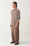 Buy_Three_Brown Silk, Crepe, Poplin Piping All Over Brick Print Shirt Co-ord 