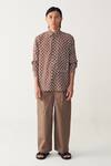 Buy_Three_Brown Silk, Crepe, Poplin Piping All Over Brick Print Shirt Co-ord _at_Aza_Fashions