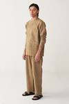 Buy_Three_Beige Linen Embroidery, Piping Abstract Shirt And Pant Set _at_Aza_Fashions