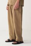 Three_Beige Linen Embroidery, Piping Abstract Shirt And Pant Set _Online_at_Aza_Fashions