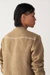 Shop_Three_Beige Linen Embroidery, Piping Abstract Shirt And Pant Set _at_Aza_Fashions