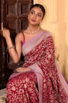Buy_Naaritva India_Maroon Crepe, Chiffon, Silk Zari Hand Woven Banarasi Saree With Running Blouse _Online_at_Aza_Fashions