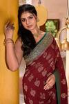 Naaritva India_Maroon Crepe Zari Hand Woven Cocoa Brown Banarasi Saree With Running Blouse _at_Aza_Fashions