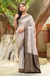 Buy_Naaritva India_Ivory Crepe, Chiffon, Silk Zari Hand Woven Banarasi Saree With Running Blouse _at_Aza_Fashions