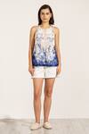Buy_Ranna Gill_Blue Viscose Embroidery Keyhole Neck Zestio Pleated Designer Blouse _at_Aza_Fashions