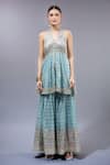 Gopi Vaid_Blue Cotton, Silk, Net Sequins, Embroidery Halter Neck Kurta Sharara Set _at_Aza_Fashions