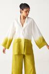 Shop_Three_Ivory Silk Collared Lime Green Dip-dye Jacket And Pant Set _Online_at_Aza_Fashions