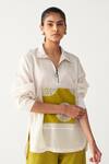 Buy_Three_Ivory Chanderi, Silk Embroidery Collared Patch U Hem Shirt And Pant Set 
