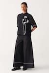Buy_Three_Black Organza, Poplin Embroidery High Neck Poppy Print Top And Pant Set _at_Aza_Fashions