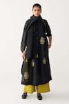 Buy_Three_Black Chanderi, Silk, Organza Embroidery, Fringe Open Neck Floral Kurta Set _at_Aza_Fashions