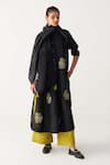 Shop_Three_Black Chanderi, Silk, Organza Embroidery, Fringe Open Neck Floral Kurta Set _at_Aza_Fashions