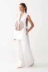 Three_White Poplin Applique Open Neck Floral Patch Fringe Waistcoat And Pant Set _Online_at_Aza_Fashions