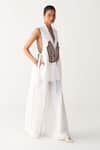 Shop_Three_White Poplin Applique Open Neck Floral Patch Fringe Waistcoat And Pant Set _Online_at_Aza_Fashions