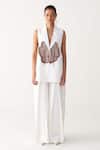Buy_Three_White Poplin Applique Open Neck Floral Patch Fringe Waistcoat And Pant Set _at_Aza_Fashions