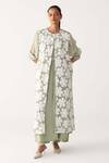 Buy_Three_Mint Organza, Silk, Crepe Applique Round Neck Floral Back Yoke Jacket Co-ord Set _at_Aza_Fashions