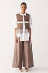 Buy_Three_Brown Poplin Fringe, Embroidery Collared Crop Overlay Co-ord Set _at_Aza_Fashions
