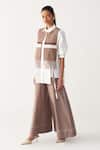 Three_Brown Poplin Fringe, Embroidery Collared Crop Overlay Co-ord Set _Online_at_Aza_Fashions