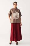 Three_Brown Poplin Embroidery Floral Patch Fringe Shirt And Inverted Box Pleat Pant _Online_at_Aza_Fashions