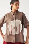 Three_Brown Poplin Embroidery Floral Patch Fringe Shirt And Inverted Box Pleat Pant _at_Aza_Fashions