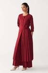 Three_Red Poplin Round Neck Front Tunic And Inverted Box Pant _Online_at_Aza_Fashions