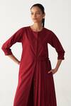 Three_Red Poplin Round Neck Front Tunic And Inverted Box Pant _at_Aza_Fashions