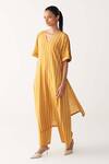 Buy Three Yellow Cotton V-neck Mustard Stripe Kaftan And Pant Set at Aza Fashions Buy_Three_Yellow Cotton V-neck Mustard Stripe Kaftan And Pant Set_at_Aza_Fashions