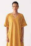 Shop Three Yellow Cotton V-neck Mustard Stripe Kaftan And Pant Set Online at Aza Fashions Shop_Three_Yellow Cotton V-neck Mustard Stripe Kaftan And Pant Set_Online_at_Aza_Fashions
