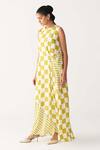 Three_Green Crepe Round Neck Lime Check Asymmetric Dress _Online_at_Aza_Fashions