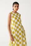Buy_Three_Green Crepe Round Neck Lime Check Asymmetric Dress 