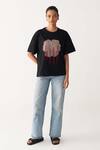 Three_Black Cotton, Jersey Applique Round Neck Floral Patch Fringe T-shirt _Online_at_Aza_Fashions