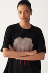 Shop_Three_Black Cotton, Jersey Applique Round Neck Floral Patch Fringe T-shirt _Online_at_Aza_Fashions