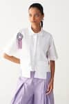Buy_Three_White Poplin Beads, Fringe Collared Beaded Crop Shirt _at_Aza_Fashions