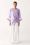 Buy_Three_Lavender Poplin, Organza Round Neck Front Drawstring Top _Online_at_Aza_Fashions