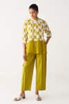 Three_Green Silk, Crepe Lime Checkered Peasant Shirt _Online_at_Aza_Fashions