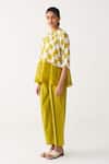 Three_Green Silk, Crepe Lime Checkered Peasant Shirt _at_Aza_Fashions