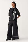 Three_Black Organza Embroidery Round Neck Poppy Print Top _Online_at_Aza_Fashions