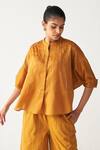 Buy_Three_Mustard Chanderi, Crepe Beads Round Neck Pintuck Bat Sleeve Shirt _at_Aza_Fashions