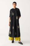 Buy_Three_Black Chanderi Embroidery Floral Gather Neck Shirt Tunic _at_Aza_Fashions