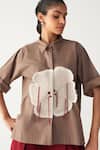 Buy_Three_Brown Poplin Embroidery Collared Floral Patch Fringe Shirt _at_Aza_Fashions