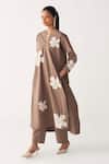 Buy_Three_Brown Poplin Embroidery Split V-neck Floral Back Pleat Tunic _at_Aza_Fashions