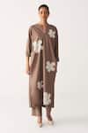 Three_Brown Poplin Embroidery Split V-neck Floral Back Pleat Tunic _Online_at_Aza_Fashions
