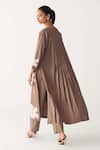 Shop_Three_Brown Poplin Embroidery Split V-neck Floral Back Pleat Tunic _at_Aza_Fashions