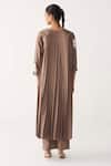 Buy_Three_Brown Poplin Embroidery Split V-neck Floral Back Pleat Tunic _Online_at_Aza_Fashions