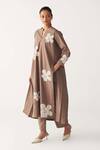 Shop_Three_Brown Poplin Embroidery Split V-neck Floral Back Pleat Tunic _Online_at_Aza_Fashions